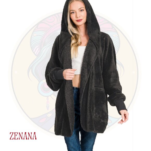 1C ZENANA Oversized Hooded Faux Fur Fuzzy Jacket in Black - Picture 2 of 2